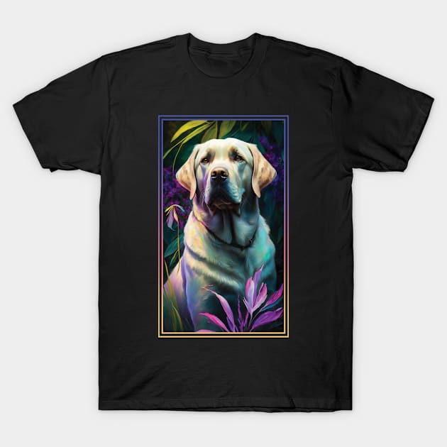 Labrador Retriever Dog Vibrant Tropical Flower Tall Digital Oil Painting Portrait 3 T-Shirt by ArtHouseFlunky